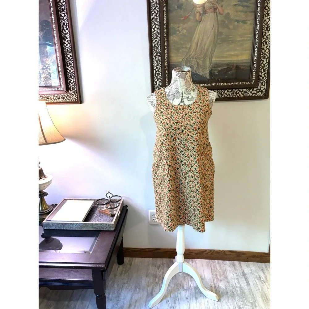 Warm Vintage Floral Print Corduroy Sleeveless Dress with Pockets‎ 90s Style SZ 2 - Picture 6 of 14